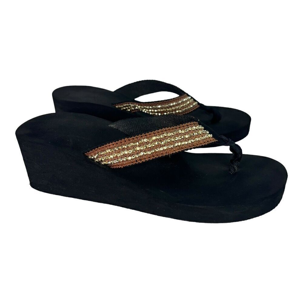 Womens Flip Flops 10 M Gold Brown Wedge Striped Platform Heel Thong Sandals Y2k